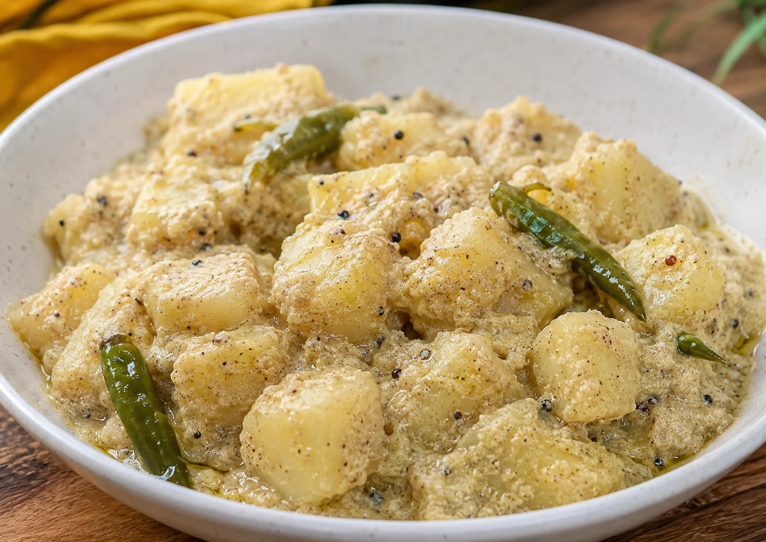 Bengali aloo posto served in a bowl with potatoes, poppy seed paste, green chilies, and steamed rice