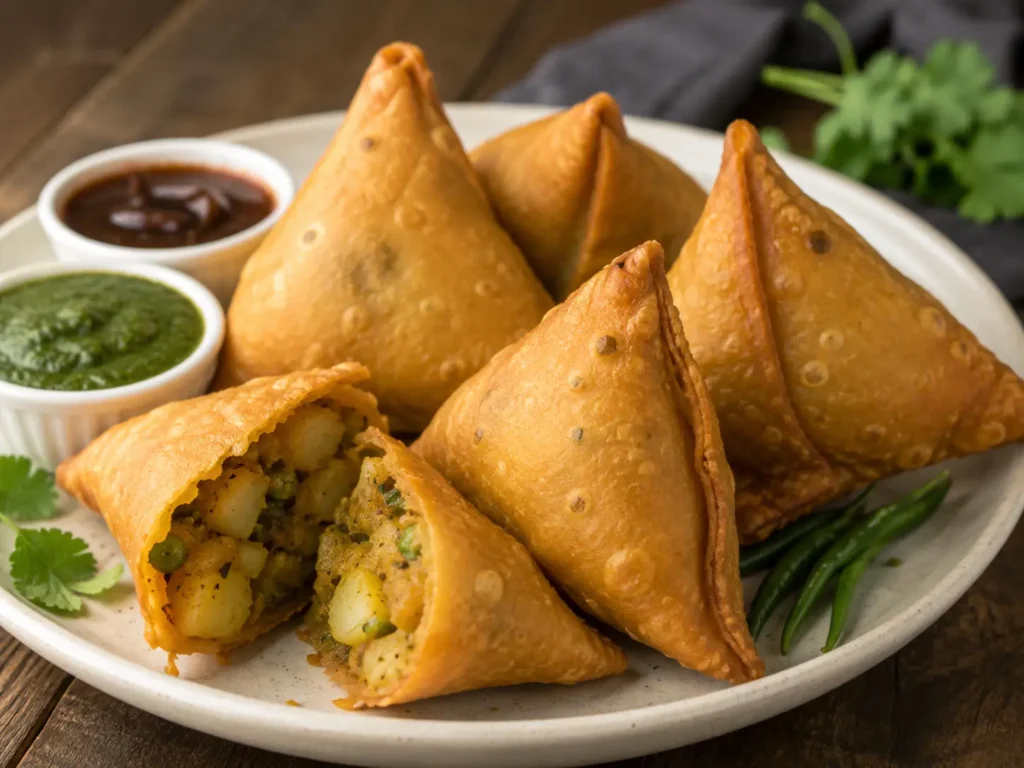Samosa Recipe with crispy Indian potato samosas and chutney