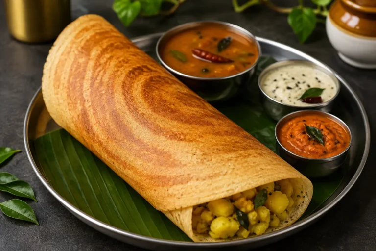 Crispy South Indian Masala Dosa filled with spiced potato masala and served with coconut chutney and sambar.