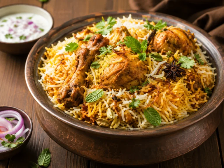 chicken biryani served with basmati rice, chicken pieces, fried onions, and fresh herbs
