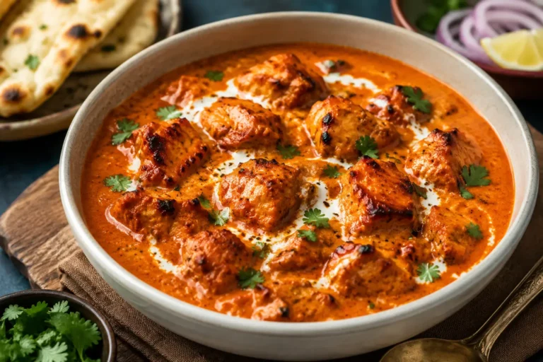 Chicken tikka masala served in a bowl with tender chicken pieces in a creamy, spiced curry sauce