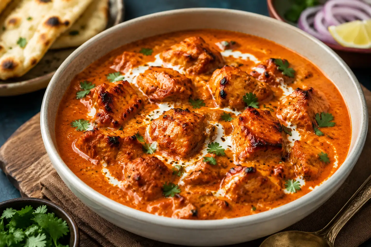 Chicken tikka masala served in a bowl with tender chicken pieces in a creamy, spiced curry sauce