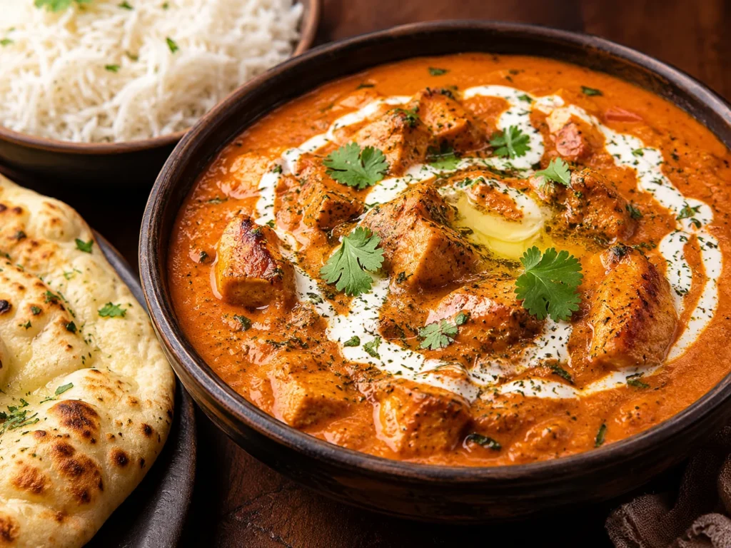 Creamy Indian butter chicken served in a bowl with naan and rice