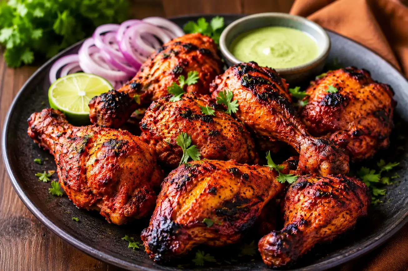 Tandoori Chicken Recipe with charred Indian-spiced chicken pieces served on a plate
