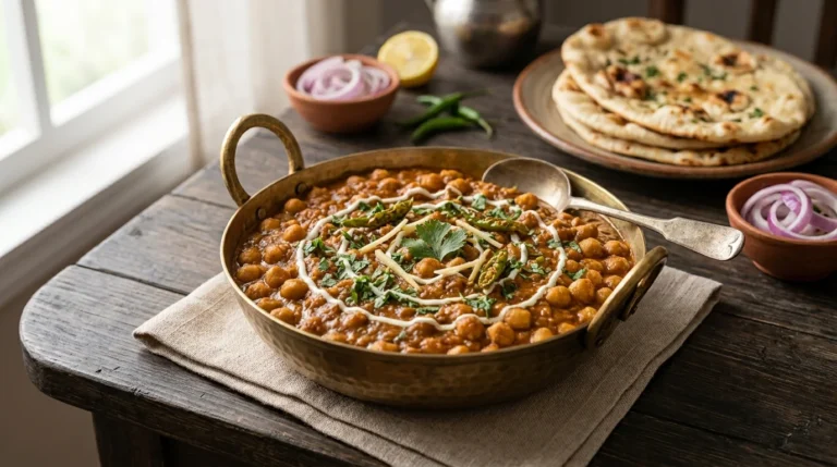 A hearty bowl of authentic Chana Masala made with tender chickpeas and aromatic Indian spices.