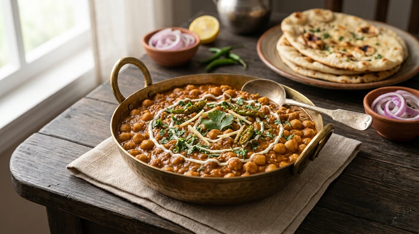 A hearty bowl of authentic Chana Masala made with tender chickpeas and aromatic Indian spices.