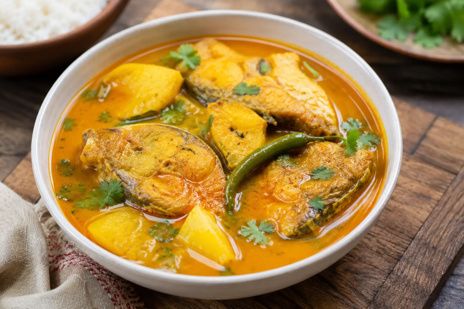 Authentic Bengali Macher Jhol served with fish, potatoes, and fresh coriander in a traditional curry bowl.