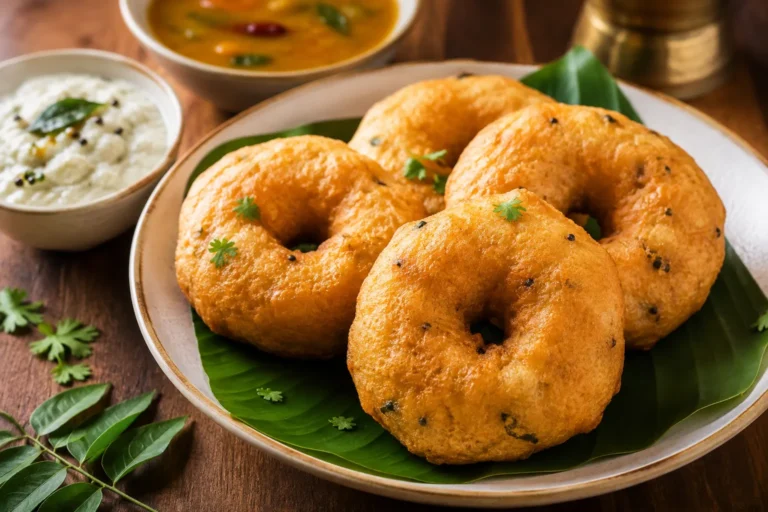 Crispy Medu Vada, traditional South Indian urad dal lentil donuts served as a savory breakfast or snack