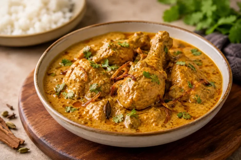Authentic Chicken Korma served in a bowl with rich, aromatic Indian gravy