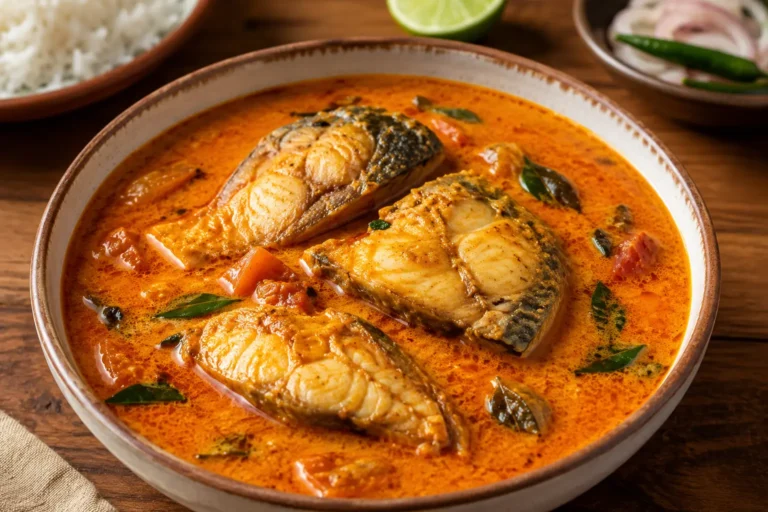 Authentic Goan Fish Curry served in a bowl with a rich coconut-based curry and pieces of fish