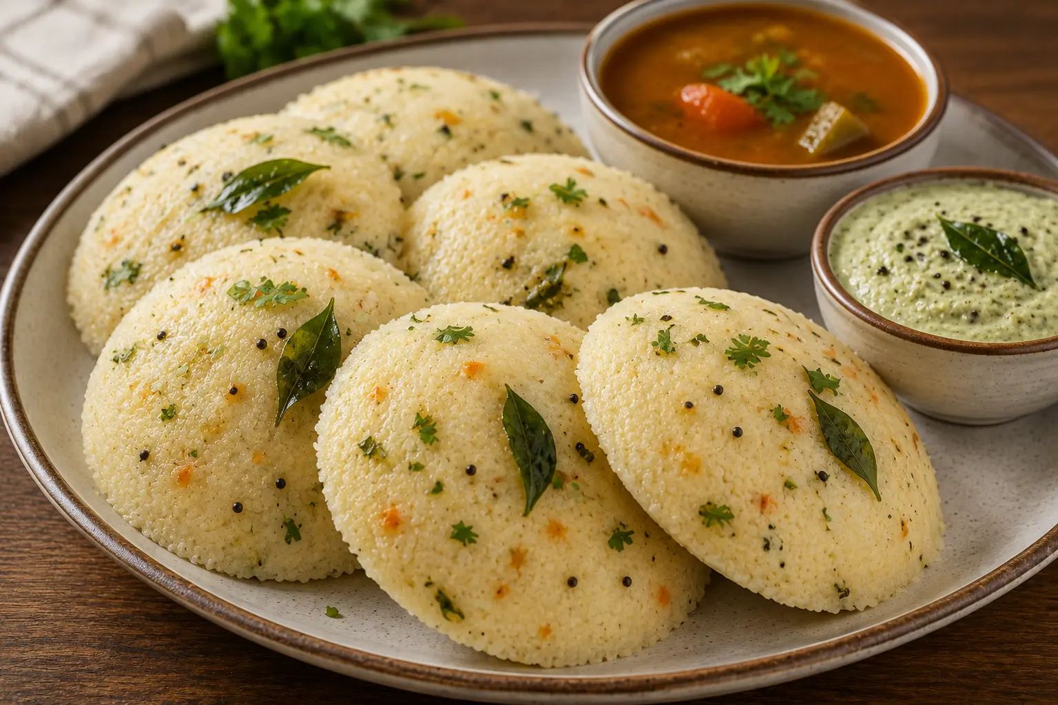 Soft and fluffy Instant Rava Idli served on a plate