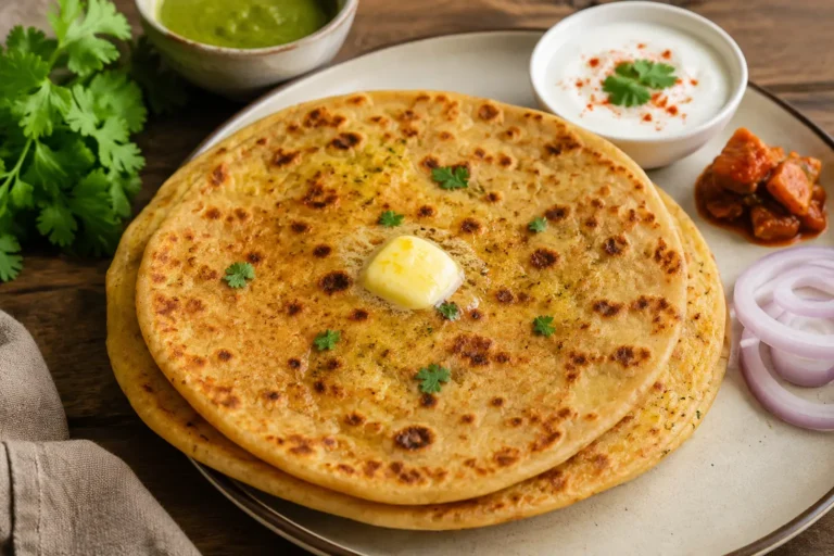 Authentic Aloo Paratha served fresh, showing a golden stuffed Indian flatbread with a spiced potato filling