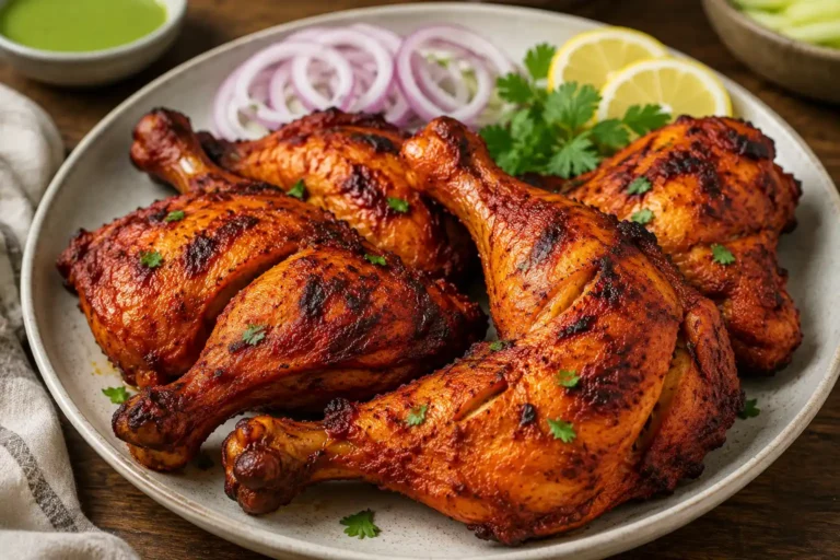 Authentic oven-baked tandoori chicken served with a charred, spiced exterior and fresh garnish