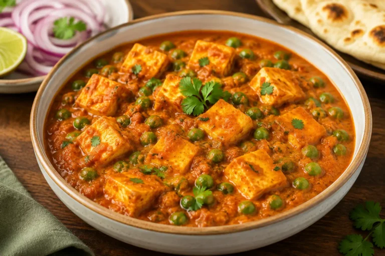 Easy Matar Paneer with soft paneer cubes and green peas in a flavorful Indian curry gravy
