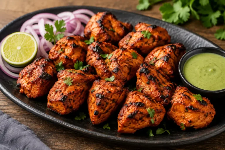 Chicken Tikka Recipe with tender grilled chicken pieces coated in Indian spices and lightly charred