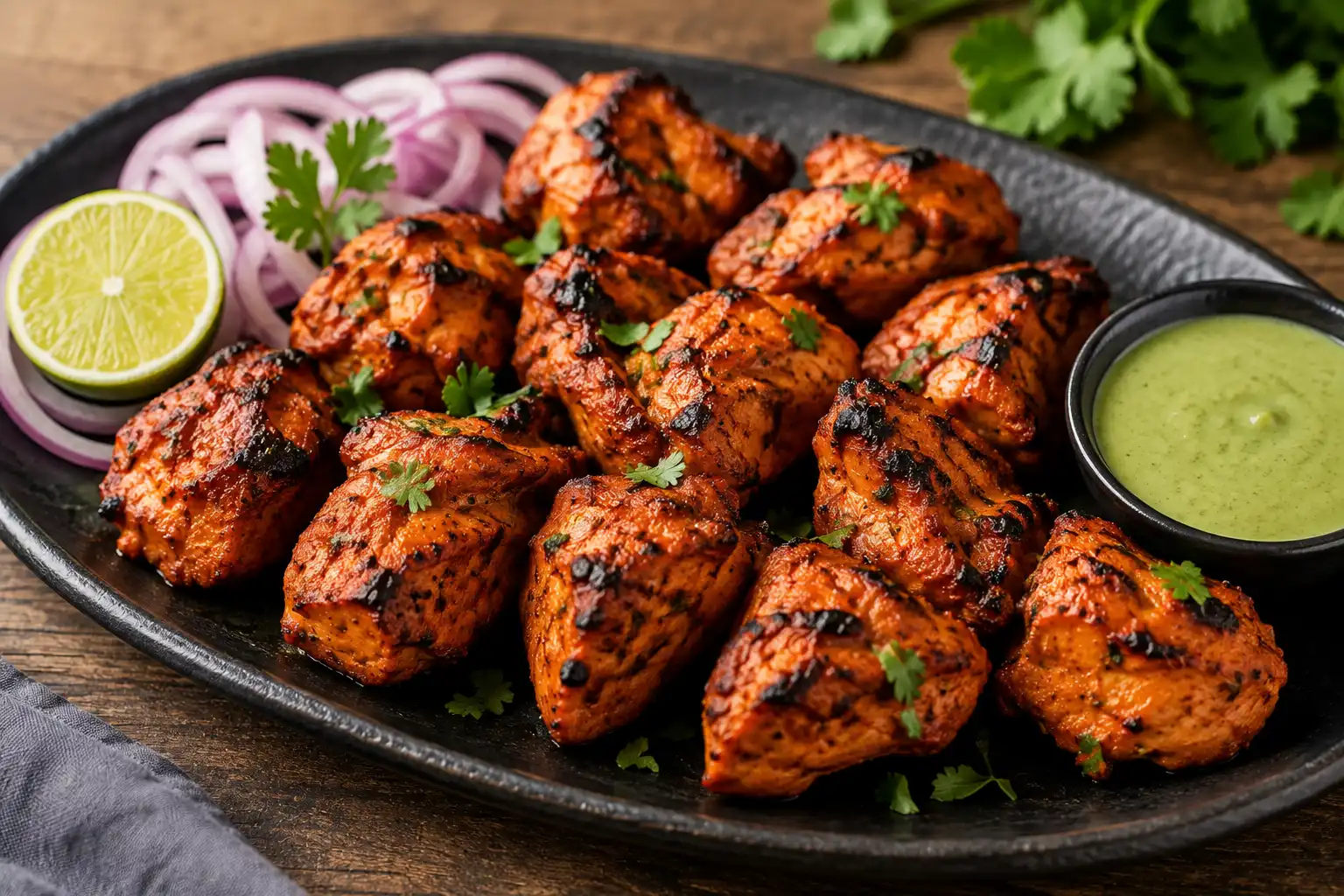 Chicken Tikka Recipe with tender grilled chicken pieces coated in Indian spices and lightly charred