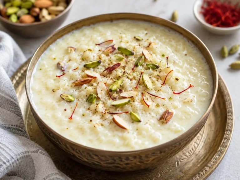 Creamy traditional Indian kheer made with rice and milk.